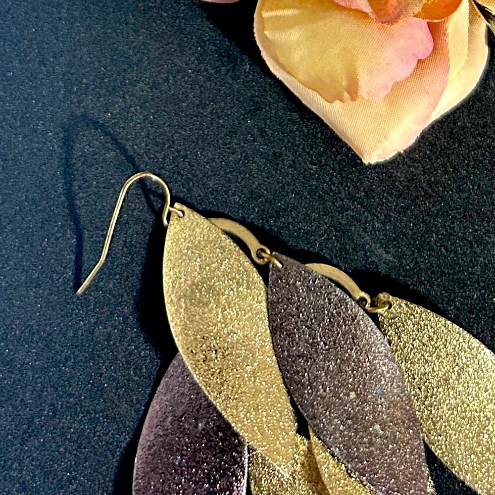 Gold and Purplish Copper Leaf Earrings - Picture 3 of 4